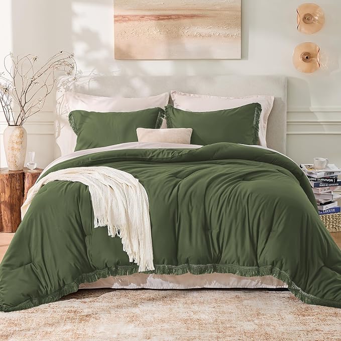 Andency Oversized King Size Comforter Set Olive Green 128x120, 3 Pieces Boho - Image 2