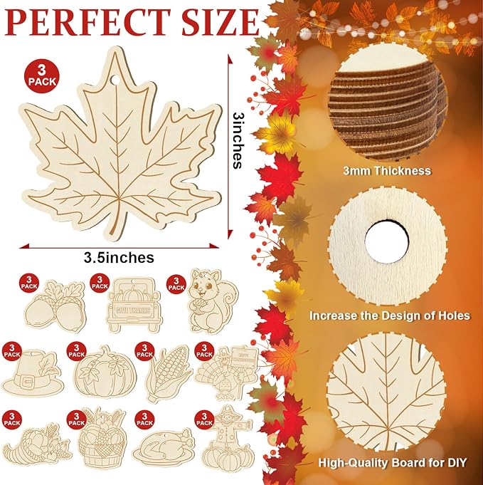 36PCS Wooden Thanksgiving Decoration Fall Ornaments to Paint Happy Thanksgiving - Image 2