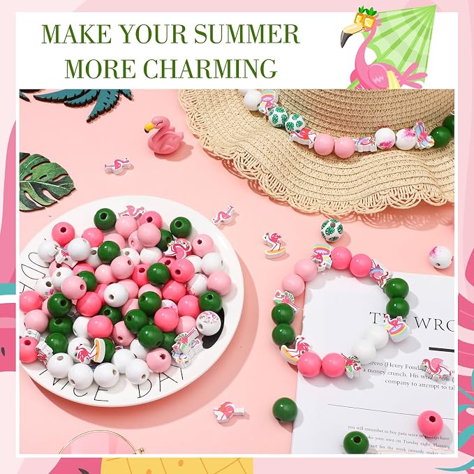 Tradder 200 Pcs Summer Flamingo Beach Beads Set Tropical Round Wood Charms - Image 3