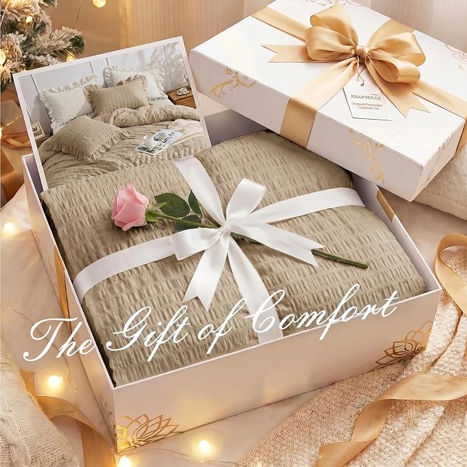 JOLLYVOGUE Twin Size Comforter Set, 2 Pieces Khaki Seersucker Lightweight - Image 9