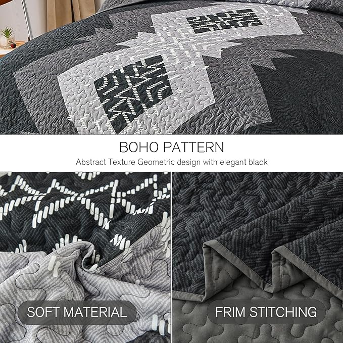 Dintszyayue Boho Quilt Set King Size 3 Pieces Black Grey Aztec Texture - Image 4