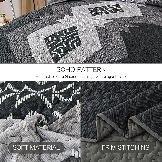 Dintszyayue Black Quilt Set Boho California King Size, 3 Piece Aztec Texture - Image 4