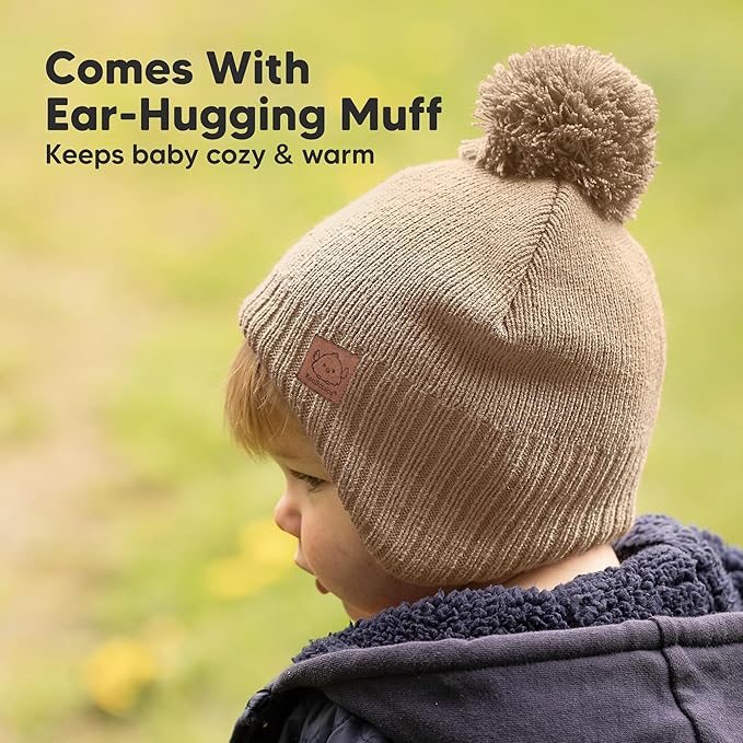 Baby Beanies, Baby Hats for Boys, Girls - Cute Toddler Winter Hat, Soft & Stretchy Beanies for Infant, Newborn 0-6 Months, Cozy & Warm with Earflap Muff & Pom (Taupe, S)
