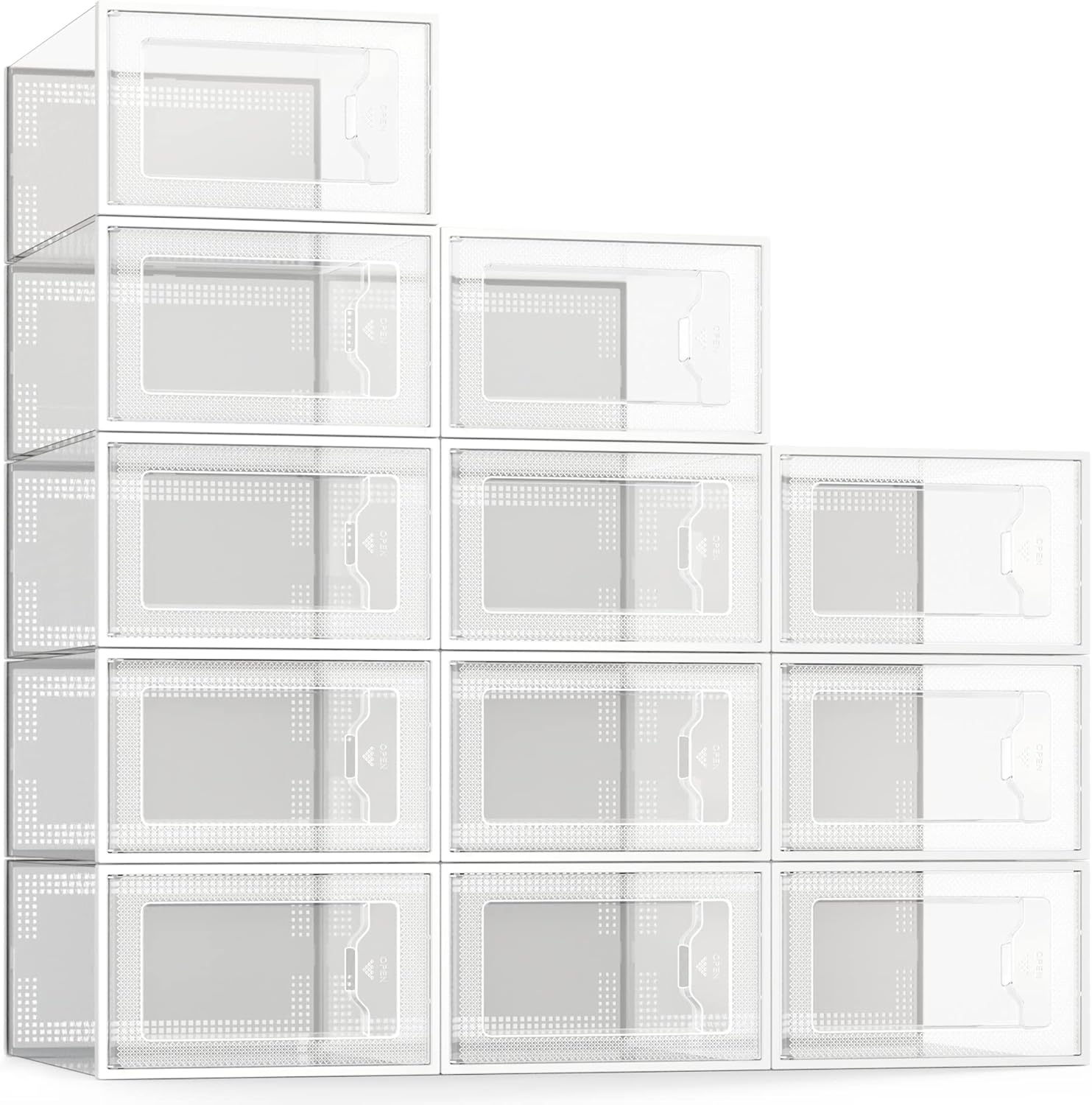 SEE SPRING 12 Pack Shoe Storage Box, Clear Plastic Stackable Shoe Organizer for Closet, Space Saving Foldable Shoe Rack Sneaker Container Bin Holder