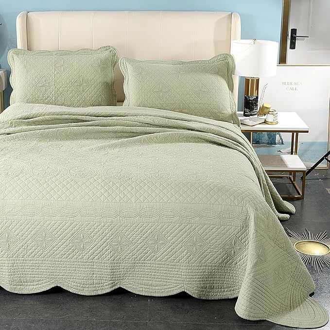 ROOMLIFE Quilt Set King Size 3D Floral Embroidery Pattern 3-Piece Cotton by ROOMLIFE