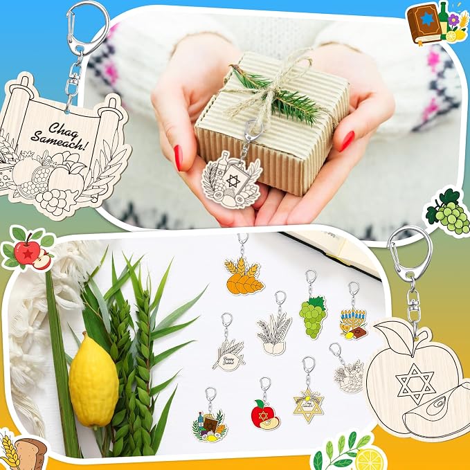 RattanView 24 Pcs Sukkot Crafts Color Your Own Keychains Diy Craft Wooden Blank - Image 5