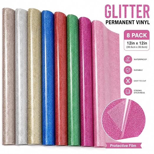 Glitter Permanent Vinyl, 8 Pack 12" x 10" Sparkle Glitter Adhesive Vinyl Sheets - Image 2