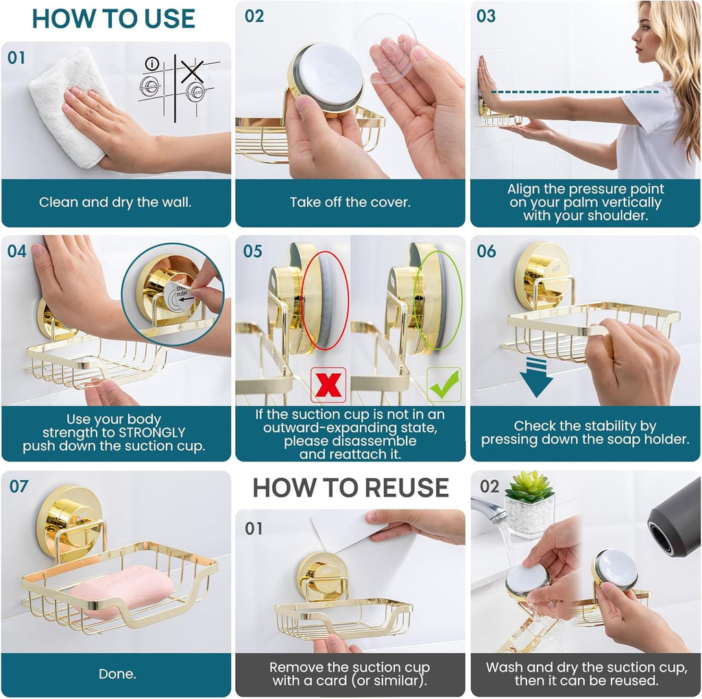 TAILI Soap Holder Bar Dish Suction Cup, Bar Shampoo Rack for Shower Wall, Draining Soap Saver Tray for Bathroom, Rustproof Stainless Steel Sponge Holder for Tub, Kitchen, Drill-Free, Gold