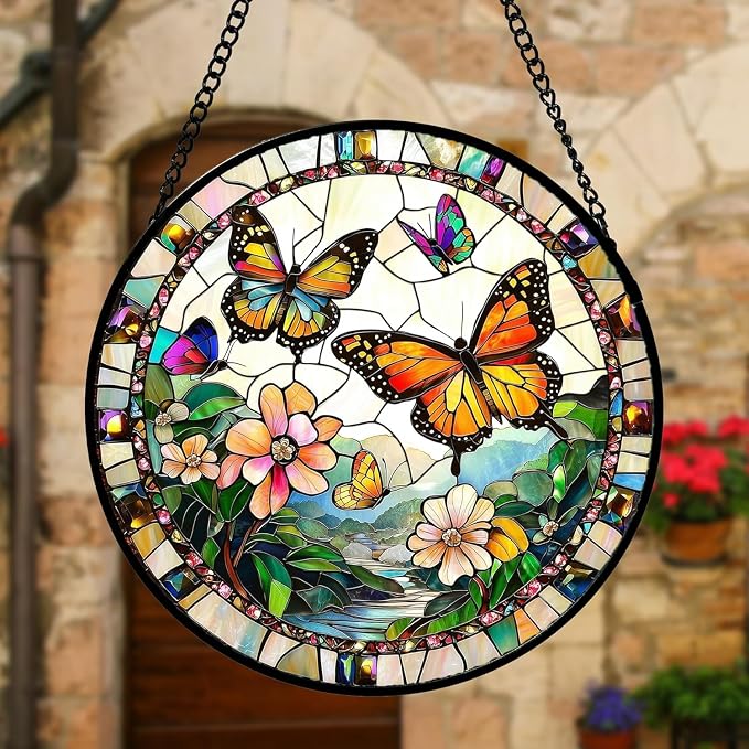 DASTOLL Stained Glass Window Hanging, Butterflies Flying in The Sky Suncatcher - Image 2