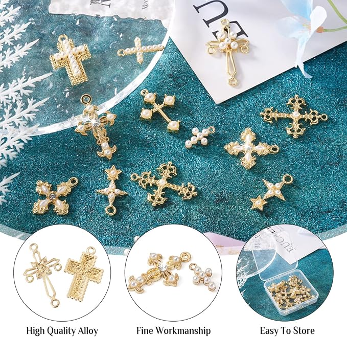 Cheriswelry 18Pcs Cross Metal Charms Light Gold Pearl Rhinestone Pendants Alloy - Image 3