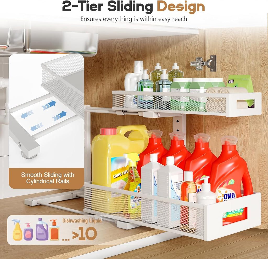1 Pack 17IN Depth Under Sink Storage Organizer, Large 2-Tier Elegant Mesh Pull Out Shelf for Kitchen and Bathroom Cabinet Organization, L-Shaped and Adjustable Height Design-White