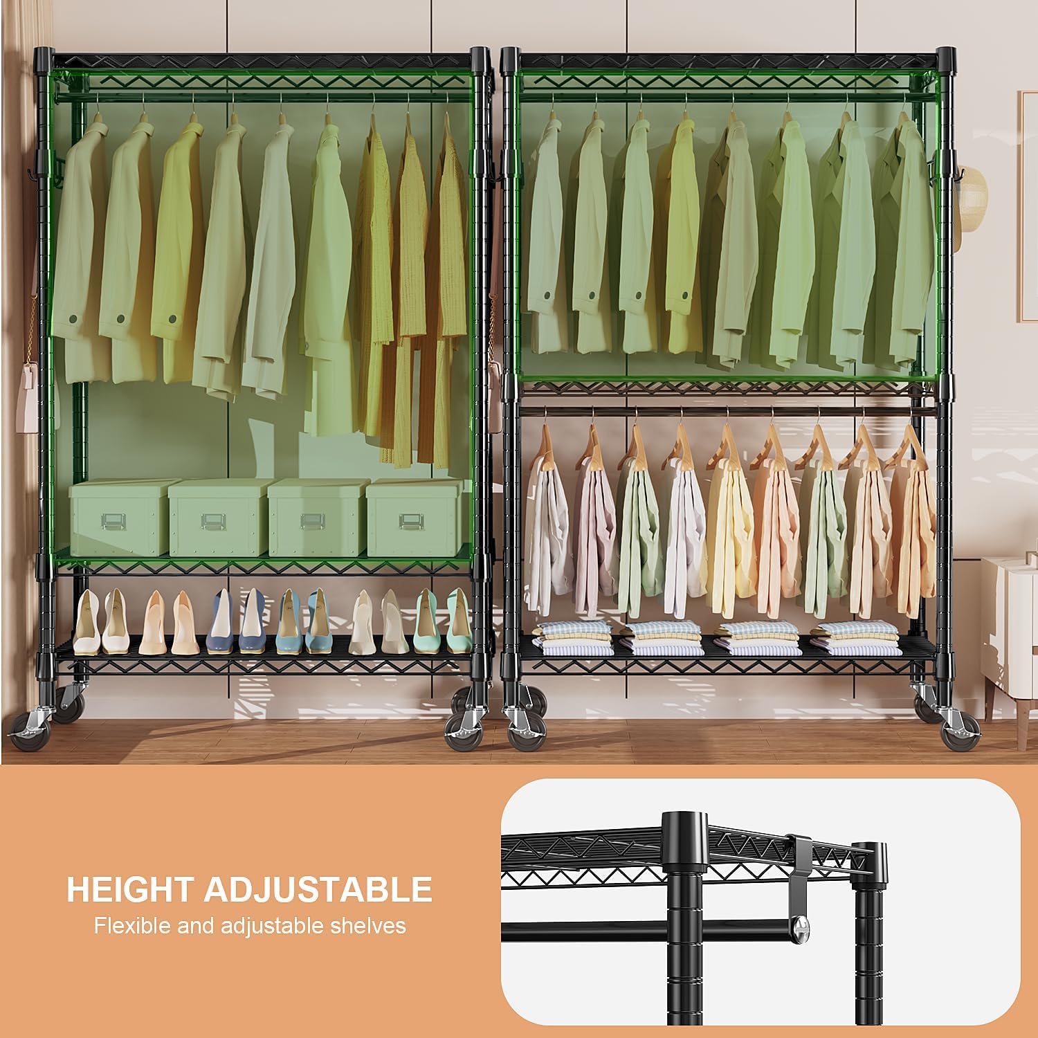 Heavy Duty Rolling Garment Rack 3 Tiers Adjustable Wire Shelving Clothes Rack with 2 Rods and Side Hooks, Storage Closet Clothing Rack with Wheels Black 17.7" D x 47.2" W x 83.6" H