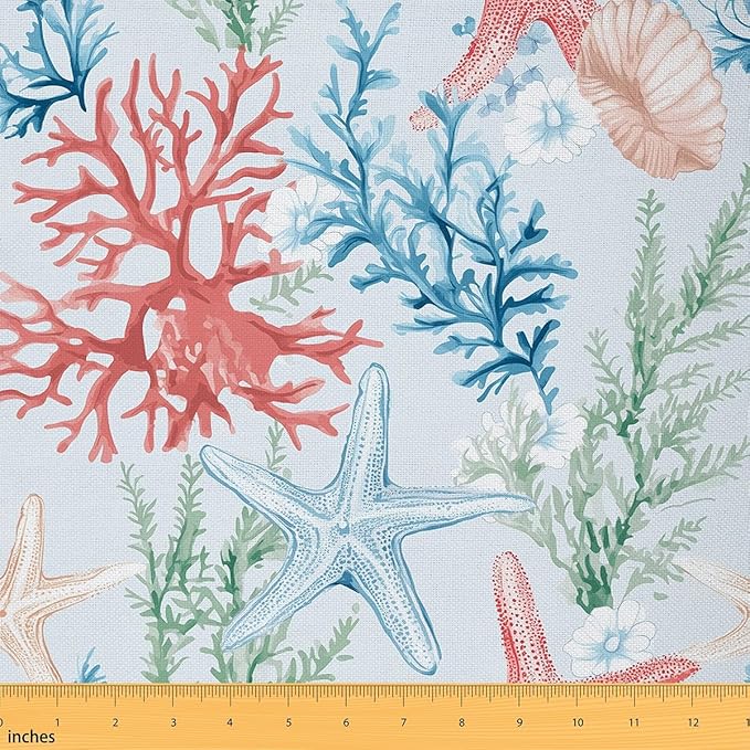 Starfish Fabric by The Yard, Underwater Watercolor Coral Seaweed Soft Flannel by CastleFairy