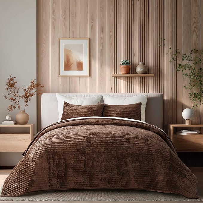 EVERGRACE Velvet Quilt Set King Size, Luxurious Soft Striped Channel Bedding Set by EverGrace