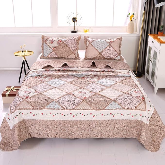 VIVILINEN Queen Size Quilt Set 3-Piece Light Pink Floral Patchwork Reversible - Image 3