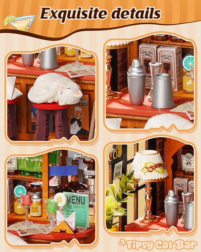 Rolife Miniature House Kit for Adults Tipsy Cat Bar DIY Wooden Dollhouse Kit - Image 3