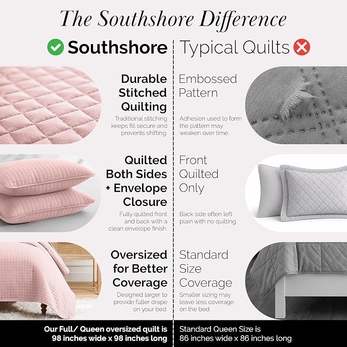 Southshore Fine Living, Inc. Stitched Pink Queen Quilt Bedding Set, Oversized - Image 4