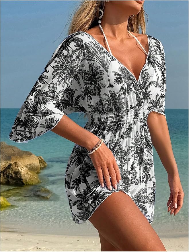 WDIRARA Women's Tie Dye Sheer Boho Chiffon Cover Up Tie Waist Beach Dress Deep - Image 4