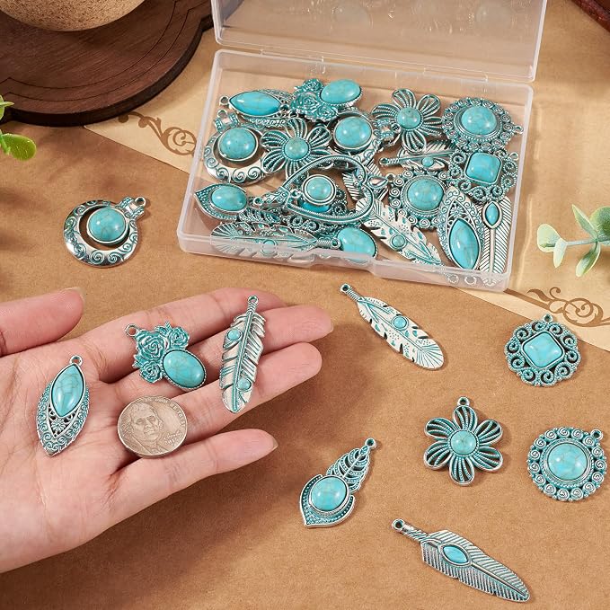 30Pcs Western Charms for Jewelry Making, Tibetan Style Turquoise Charms Flower - Image 6