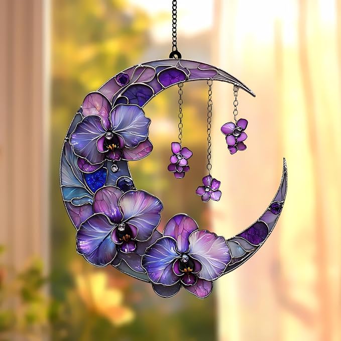 Purple Crescent Moonflowers Acrylic Suncatcher by Unknown