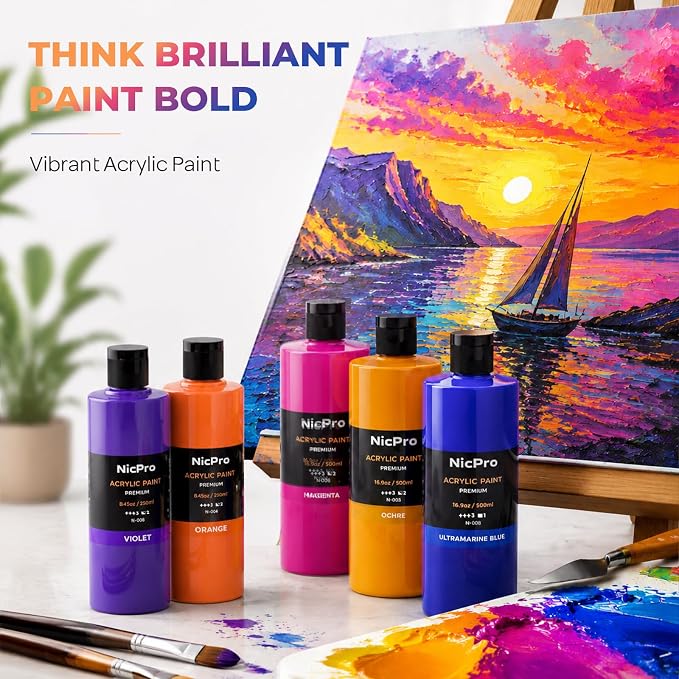 Nicpro 12 Colors Large Bulk Acrylic Paint Set Rich Art Painting Supplies - Image 2
