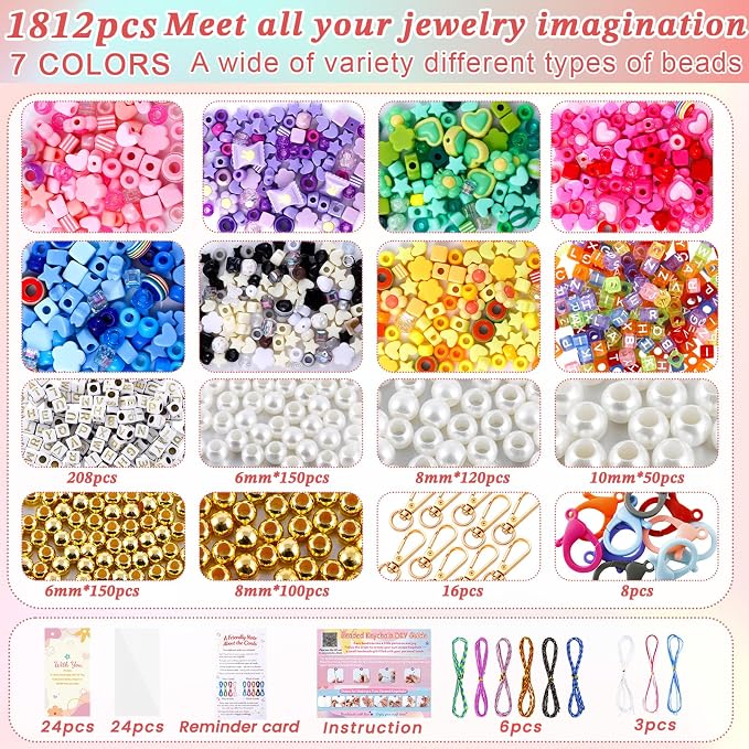 TOHONGADON 1812 Pcs Bead Keychain Making Kit, 7 Color Rainbow Beads Bag Charm - Image 2