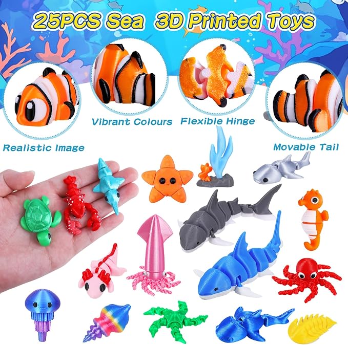 ywevyezc 25 Pcs 3D Printed Ocean Animals Set, Flexible Articulated Mini Sea - Image 3