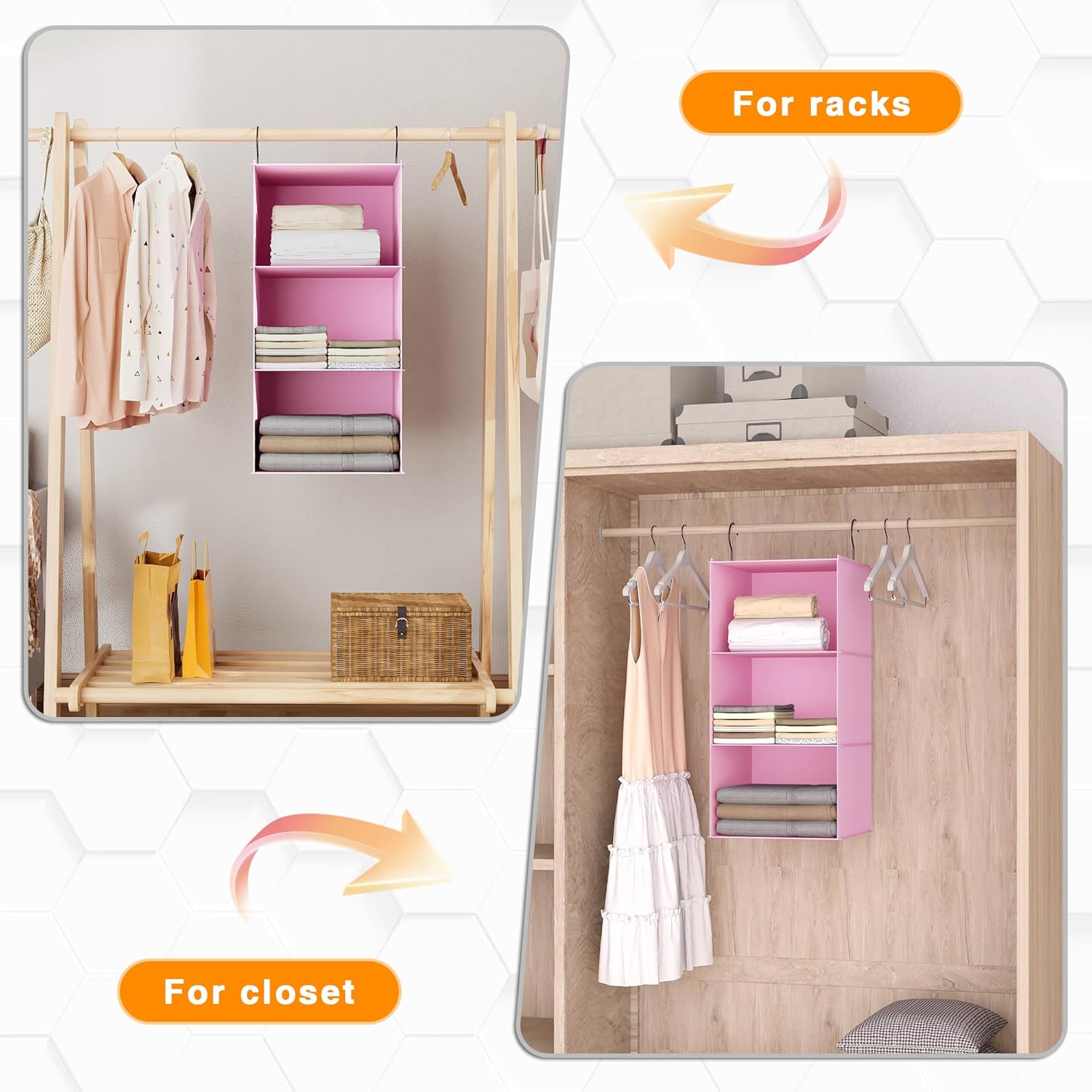 Hanging Closet Organizer and Storage 3-Shelf, Easy Mount Foldable Hanging Closet Wardrobe Storage Shelves, Clothes Handbag Shoes Accessories Storage, Washable Oxford Cloth Fabric, Pink