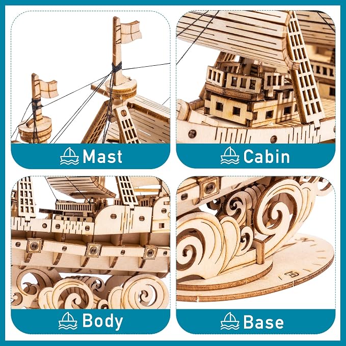 RoWood 3D Wooden Puzzle for Adults, Vintage Wooden Watercraft Model Sailboat - Image 5