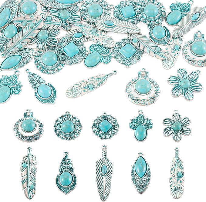 30Pcs Western Charms for Jewelry Making, Tibetan Style Turquoise Charms Flower by Craftora