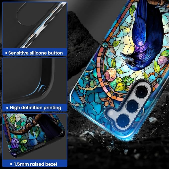 for Samsung Galaxy S23 Case, Crow Faux Stained Glass Pattern Glossy 2 in 1 - Image 4