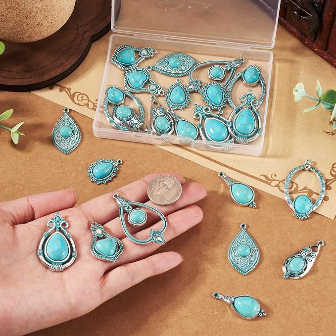 24Pcs Tibetan Style Turquoise Charms 8 Styles Heart Teardrop Oval Vintage - Image 6