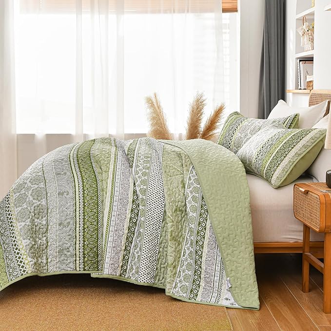 WONGS BEDDING Boho Quilt Set King Size, Sage Green Bohemian 3 Pieces Quilt Sets - Image 4