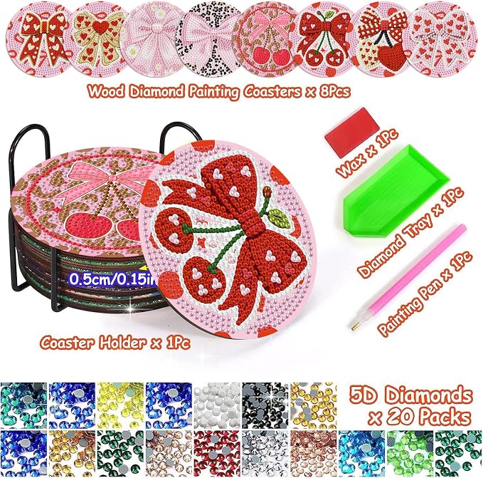 Axquilon 8 Pcs Pink Bow Diamond Art Coasters Kit - Image 2