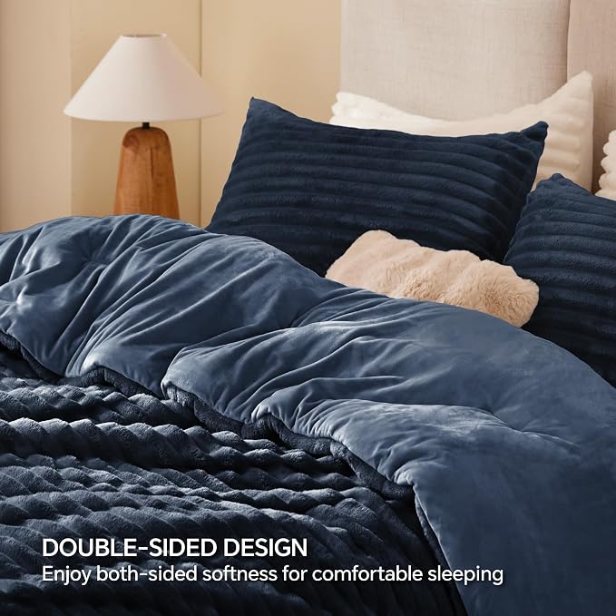 BEDELITE Fleece Queen Comforter Set -Super Soft & Warm Fluffy Navy Blue Bedding - Image 5