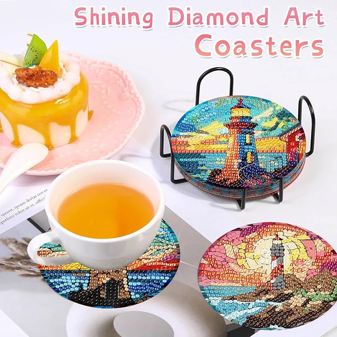 8 PCS Diamond Art Coasters Kits Lighthouse Diamond Painting Coaster | Diamond - Image 3