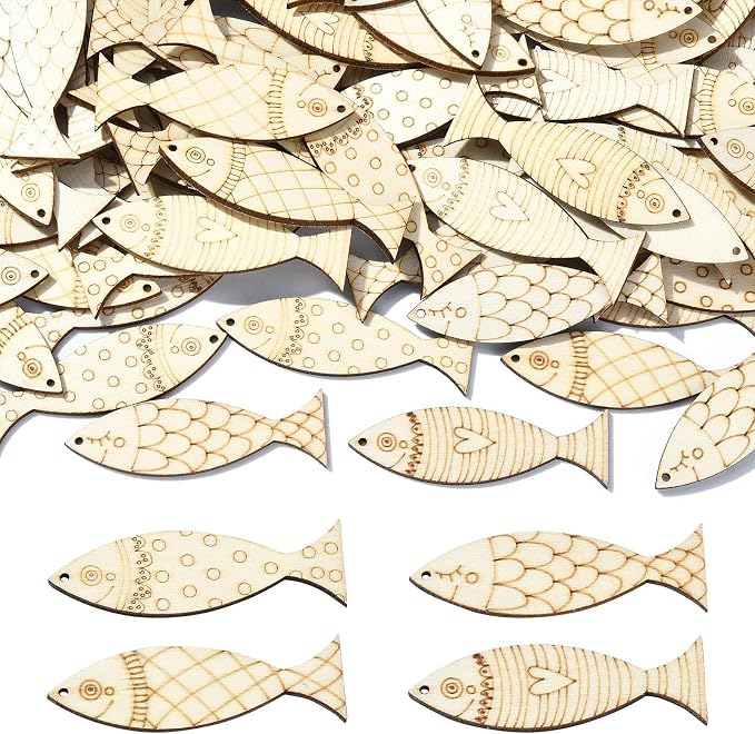 LiQunSweet 200 Pcs Mixed Styles Fish Unfinished Wood Cutout Ocean Sea Animals by LiQunSweet