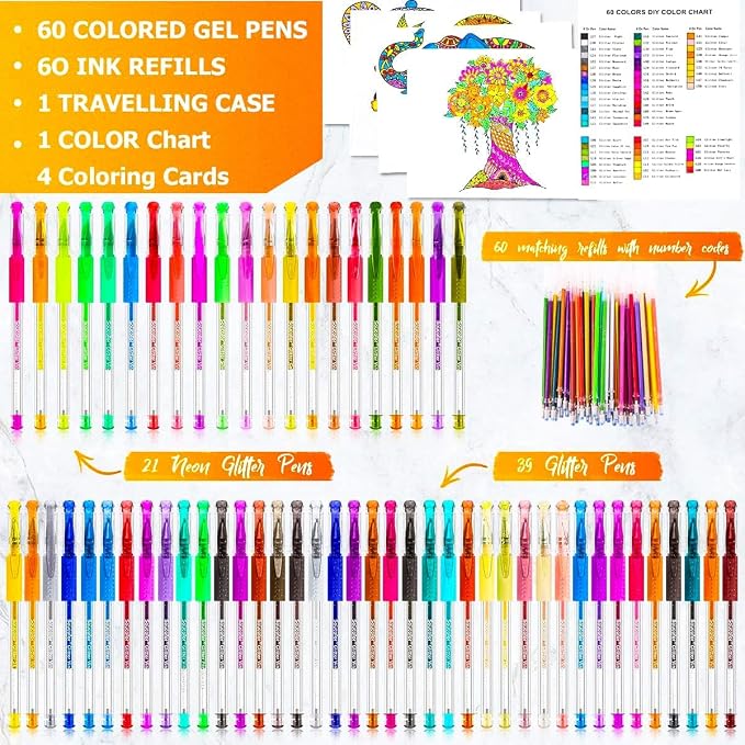Soucolor 120 Neon Glitter Gel Pens, 60 Refills, Teen Girls Coloring Books | 60 - Image 2