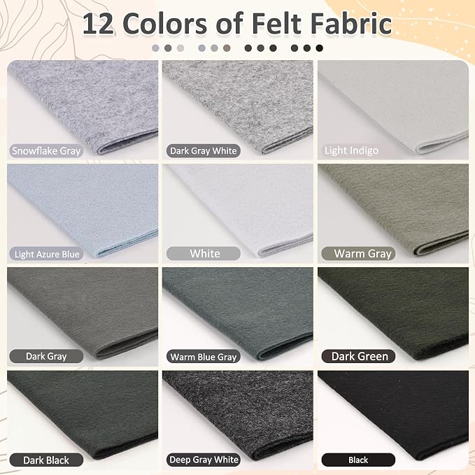 XSEINO 12 Rolls 8"x35" 1.4mm Thick Soft Felt Fabric Sheet 12 Assorted Black - Image 2