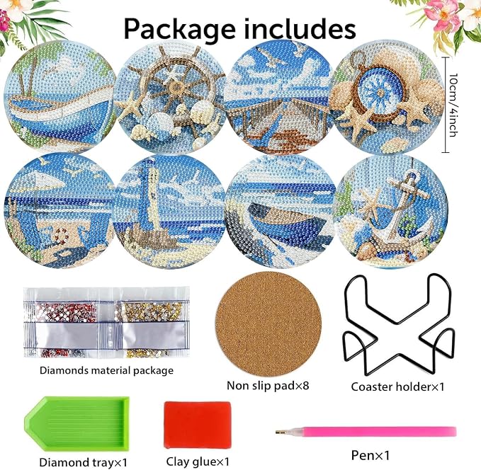 8 Pack Beach Diamond Art Coasters, Seaside Diamond Painting Coasters Kits | - Image 2