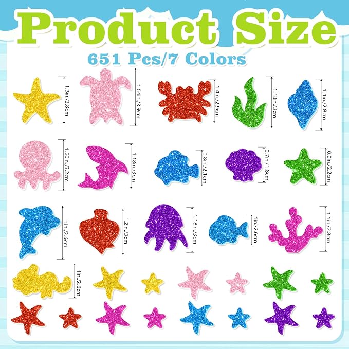 651 Pcs Glitter Foam Stickers, Sea Animal Shapes Stickers, 7 Sheets Colorful 3D - Image 2