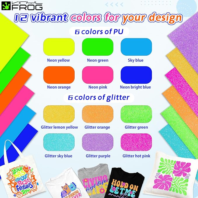 VINYL FROG Neon HTV Vinyl PU Fluorescent and Glitter Heat Transfer Vinyl Bundle - Image 4