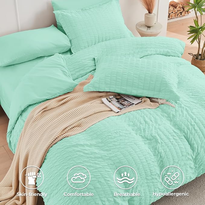 HYMOKEGE Mint Green Queen Comforter Set Seersucker 7 Pieces, All Season Luxury - Image 3