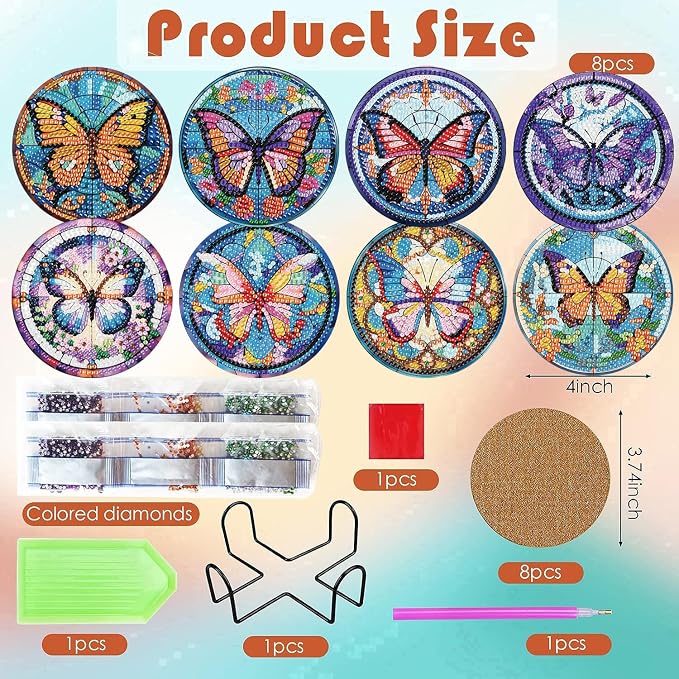 ijbnhd 8 Pcs Butterfly Diamond Painting Coasters Kits - Image 3