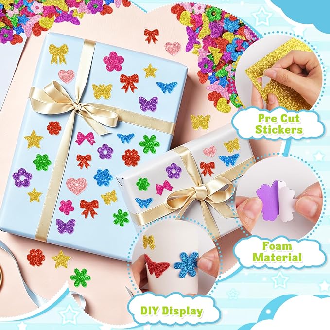 700 Pcs Glitter Foam Stickers, Butterfly & Flower & Bow Shapes Stickers - Image 3