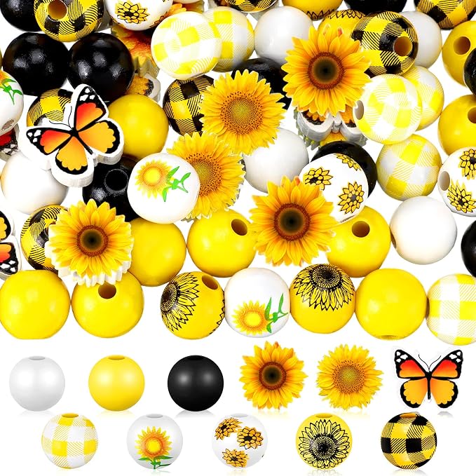 Qunclay 200 Pcs Sunflower Beads Summer Wooden Beads by Qunclay