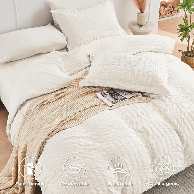 HYMOKEGE Ivory Twin XL Comforter Set Seersucker 5 Pieces, All Season Luxury Bed - Image 3