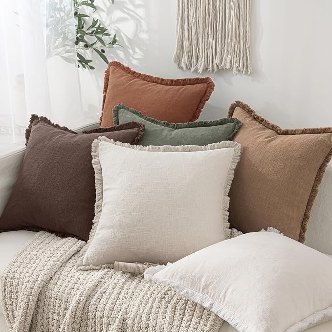 MIULEE Decorative Throw Pillow Covers Neutral Linen Fringe Throw Pillows Set of - Image 5