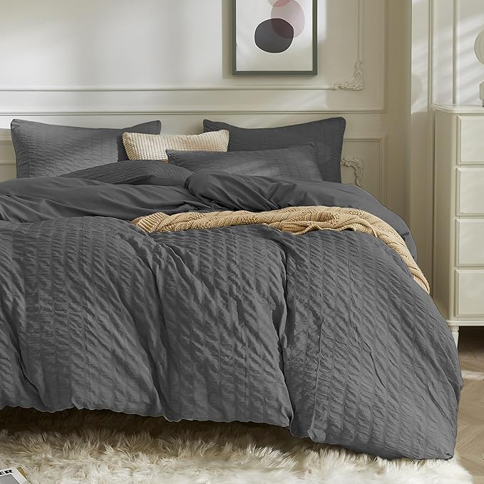 JELLYMONI Charcoal Grey Duvet Cover Full Size, Soft Breathable Seersucker Duvet by JELLYMONI