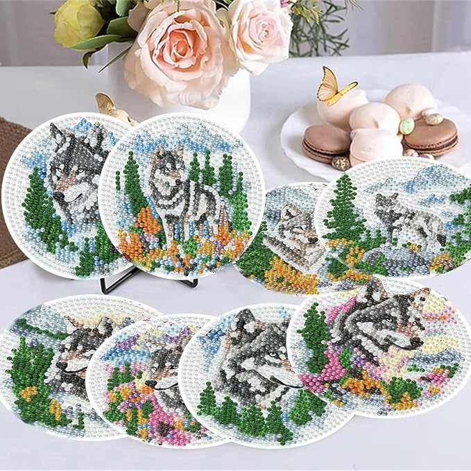 8 Pack Diamond Art Coasters, Wolf Forest animals Diamond Painting Coasters | - Image 5